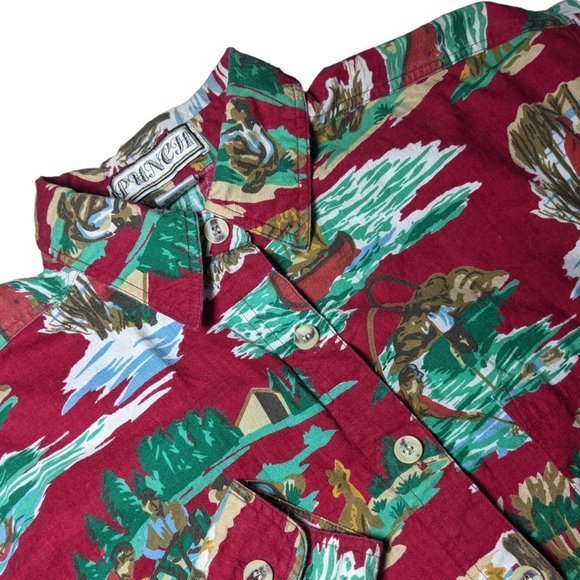 Vintage Other - VINTAGE Mens PUNCH Red Hunting Fishing Camping Novelty Long Sleeve Button Down L